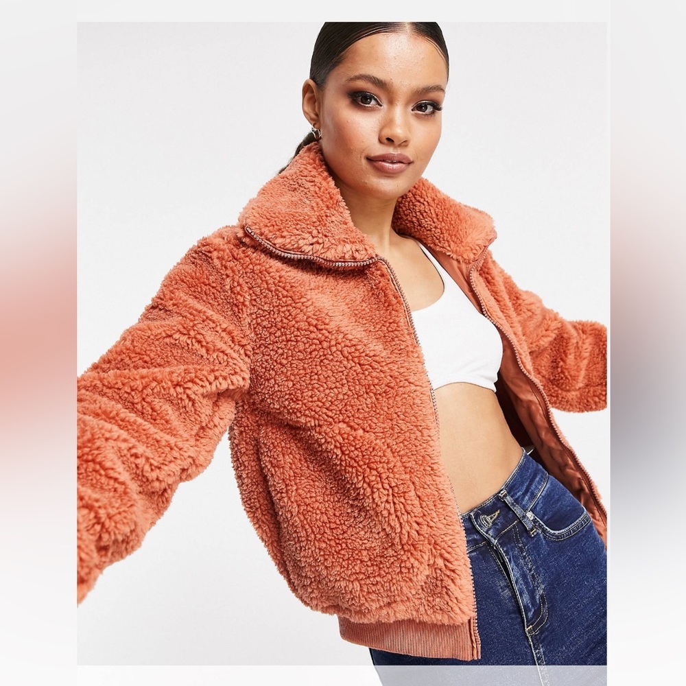 NWT THREADBARE 10 US ACID-AGED ORANGE FAUX SHERPA BOMBER JACKET